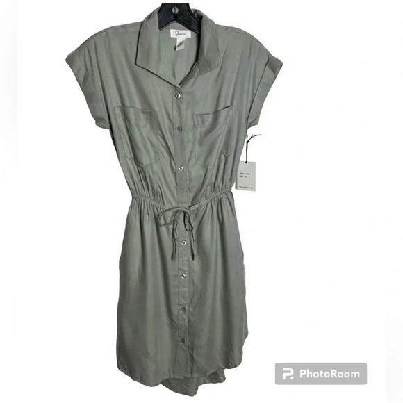 JAPNA green button down midi dress with self tie . Rolled  sleeve safari look - Picture 1 of 12